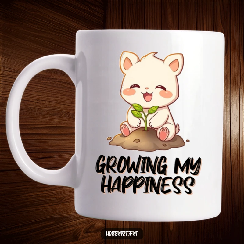 Funny mug depicting a joyful creature with small paws tenderly planting a tiny, glowing sapling, symbolizing new beginnings