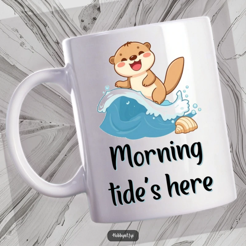 Funny Otter Mug shows a giggling otter joyfully riding a miniature wave towards a shiny seashell, embodying pure aquatic fun.