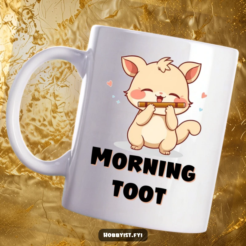 Funny Mug: A playful creature with a wagging tail enthusiastically plays a miniature flute, radiating pure musical joy.