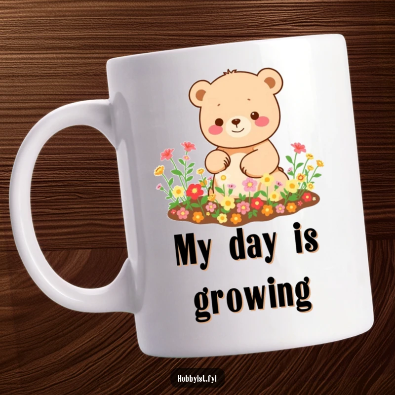 Funny Kawaii bear mug, happily tending a miniature garden overflowing with tiny, bright blooms, radiating joy.