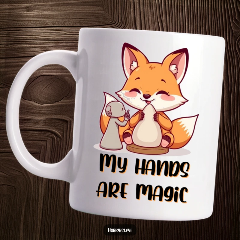 Funny mug featuring a giddy fox artist skillfully sculpting a clay figure with a joyful expression, perfect for art enthusiasts.