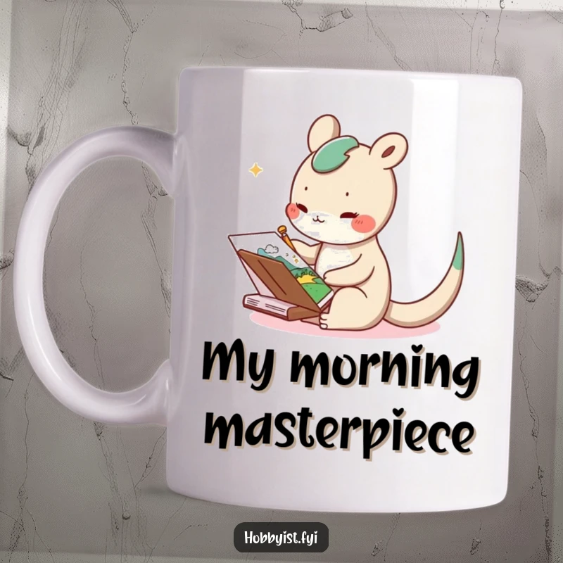 Funny mug featuring a delighted creature with a long tail, happily sketching a whimsical landscape in a notebook, ideal for art lovers