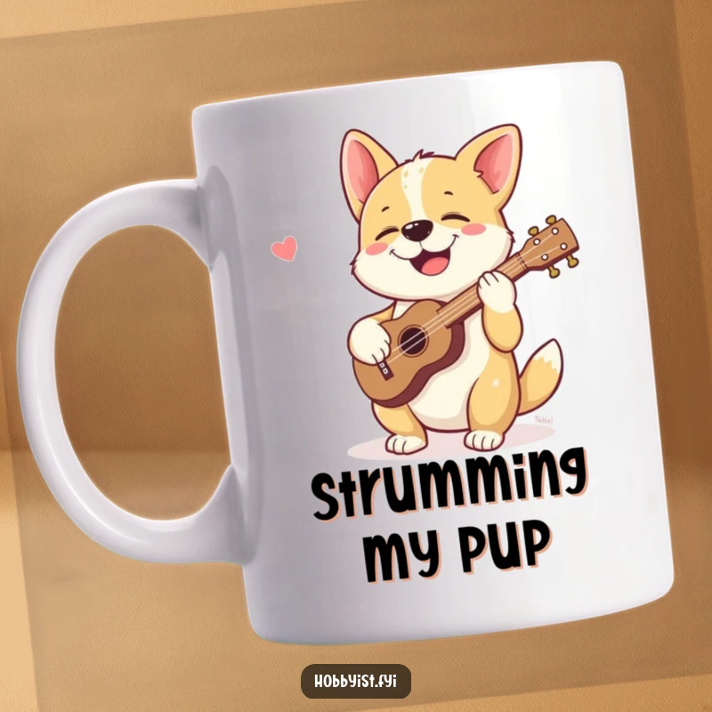 Funny mug depicting a giggling dog happily playing a tiny ukulele, radiating pure canine joy and musical amusement.