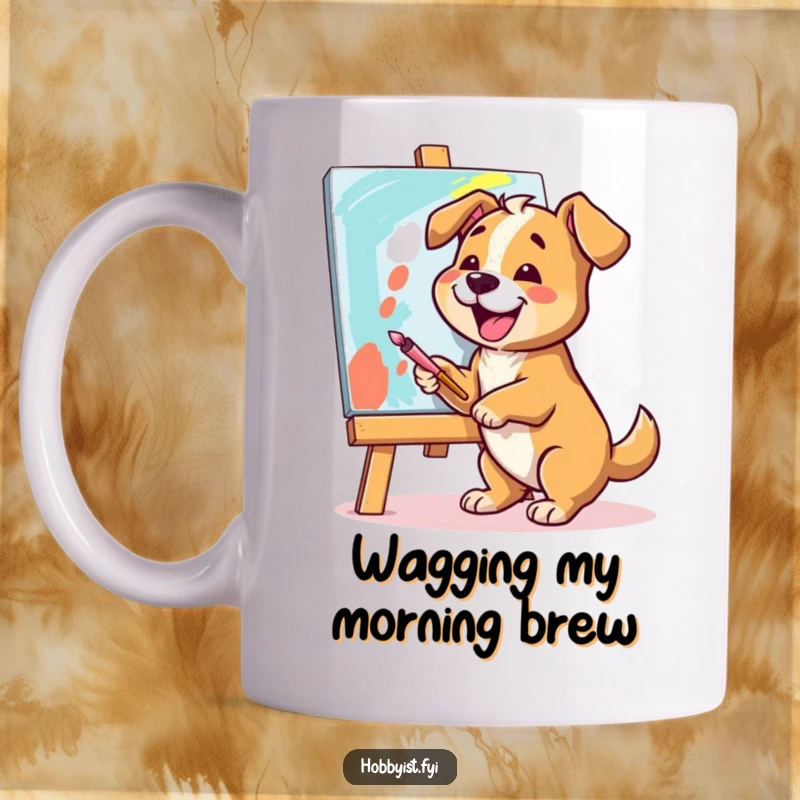 Funny Dog Painting Mug: A cheerful dog joyfully paints a vibrant canvas with broad strokes, radiating artistic happiness.