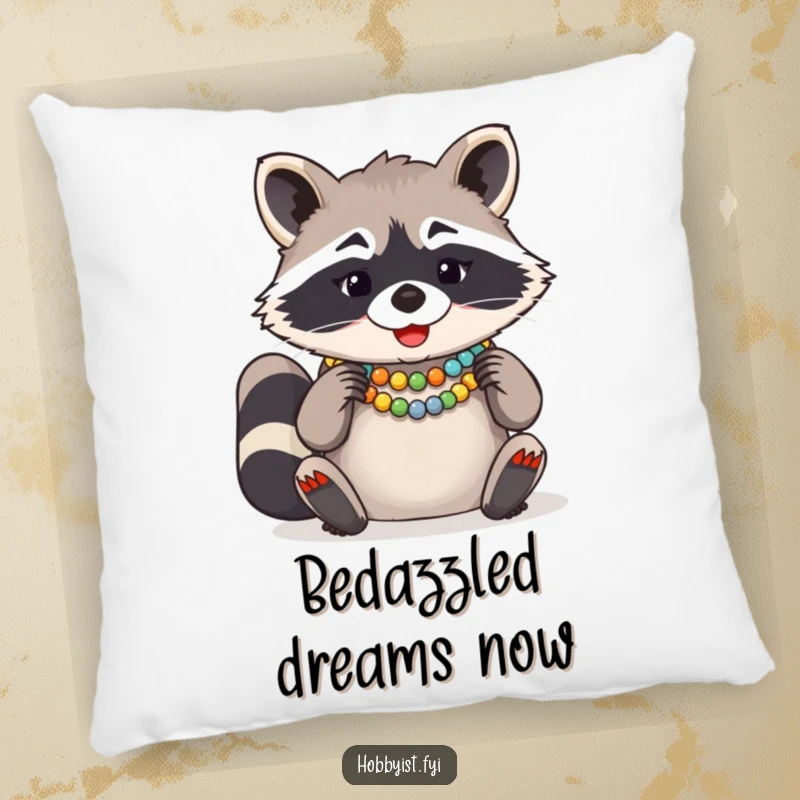 Funny Raccoon Bead Necklace Pillow, a giggling raccoon focused on creating a colorful bead necklace, soft and decorative.