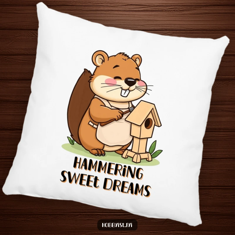 Funny beaver pillow with apron, happily hammering a miniature birdhouse, offering hilarious comfort and DIY decor.