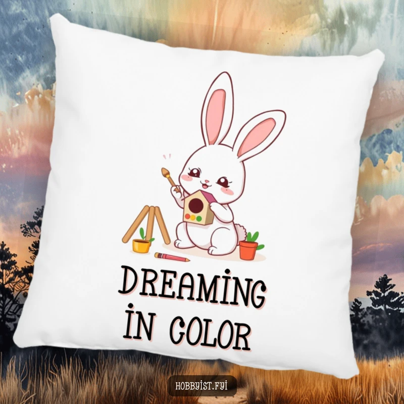 Funny Pillow featuring a cute kawaii bunny enthusiastically painting a small, brightly colored birdhouse, perfect for a cozy creative space.