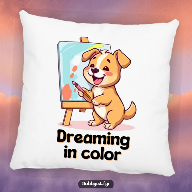 Funny Dog Artist Pillow: A cheerful dog joyfully paints a vibrant canvas with broad strokes, offering humorous comfort and decor.