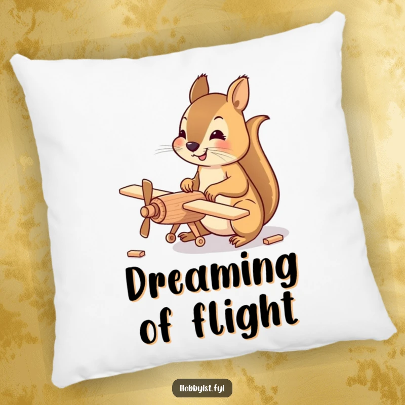 Funny Pillow featuring a happy squirrel meticulously assembling a small wooden model airplane, perfect for adding cozy hobbyist charm.