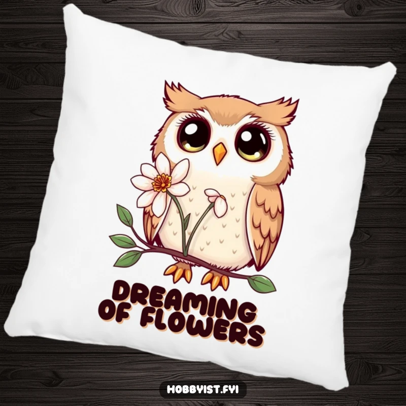 Funny Kawaii owl pillow, featuring large, enchanting eyes, examining a flower, offering cozy comfort and cute decor.