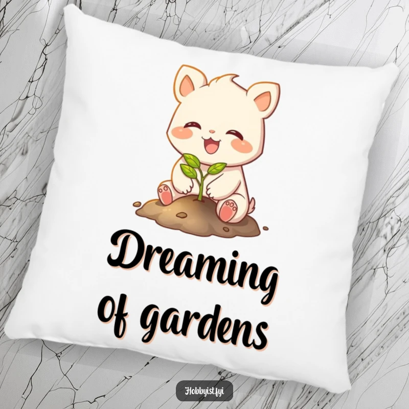 Funny pillow featuring a joyful creature with small paws planting a tiny, glowing sapling, symbolizing hope and new life
