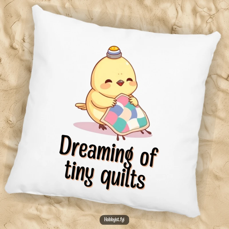 Funny Hazelnut Pillow with a small bird wearing a thimble, happily sewing a tiny quilt, offering cozy comfort.