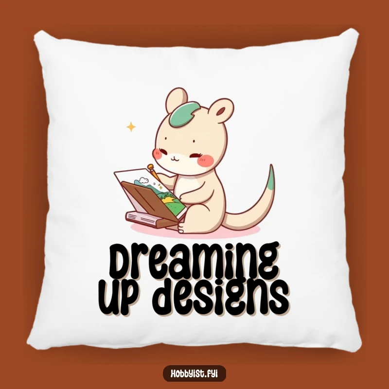 Funny Artist Creature Pillow: Delighted Sketching Long-Tail, Whimsical Landscape Accent Gift