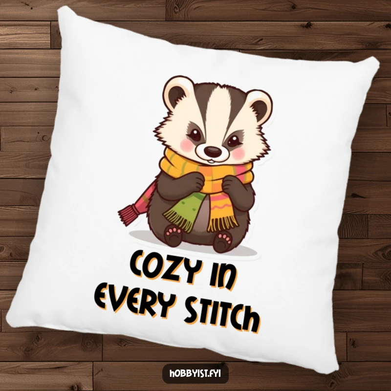 Funny Pillow featuring a skilled kawaii badger expertly knitting a small, colorful scarf, perfect for a cozy crafting nook.