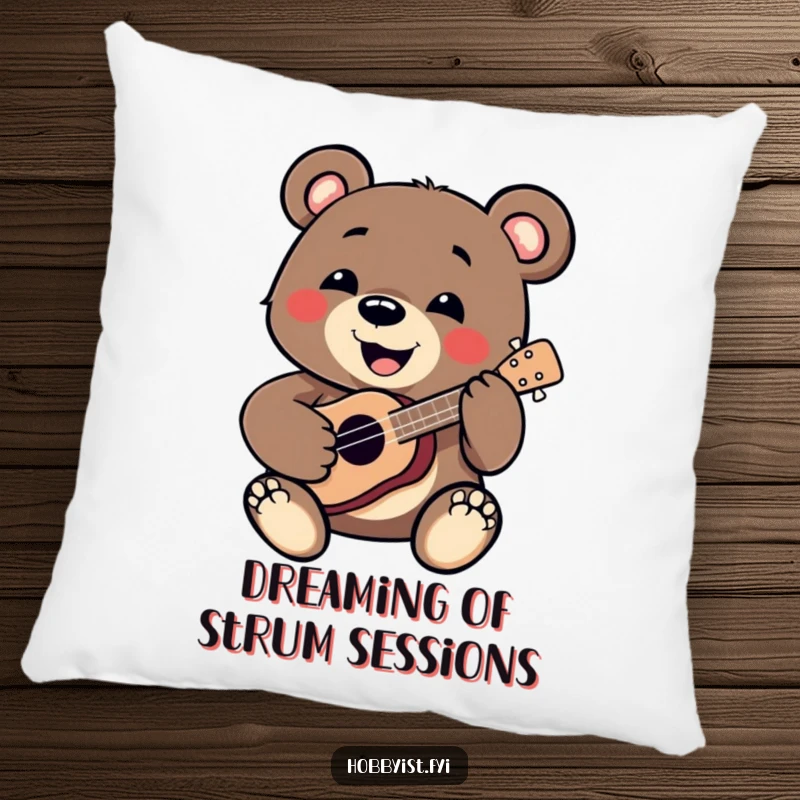 Funny Bear Pillow: A smiling bear enthusiastically plays a miniature ukulele, providing comfort and a touch of musical humor, a great funny gift.