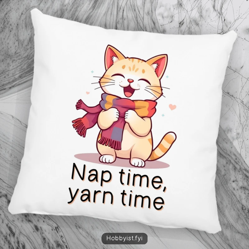 Funny Cat Knitting Pillow: A happy cat energetically knits a colorful scarf, offering humorous comfort and decor for crafters.