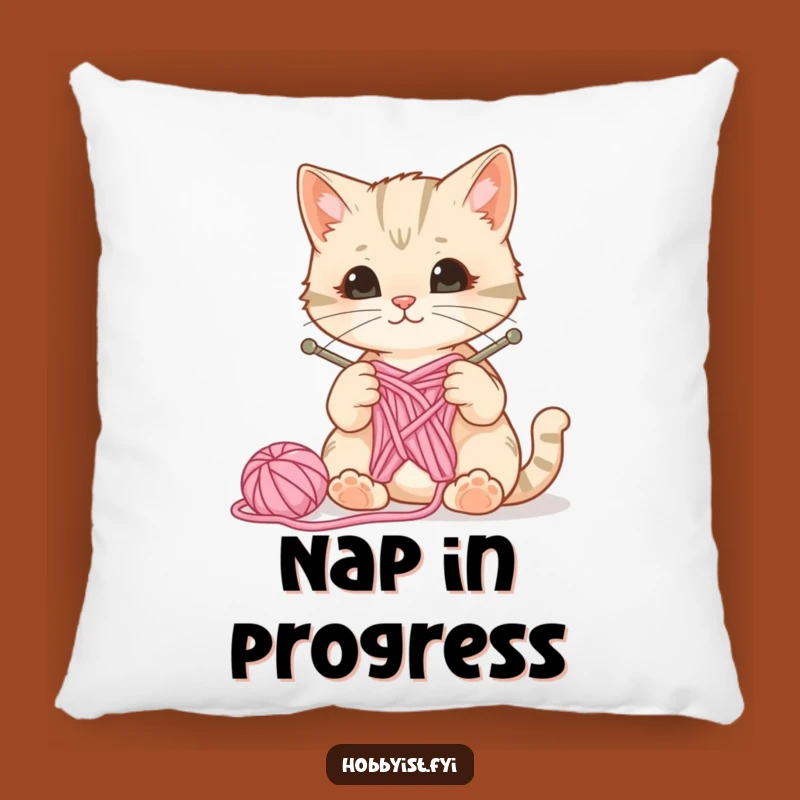 Funny Cat Knitting Pillow - Curious Feline, Cozy Craft Room Cushion, Yarn Lover Accent