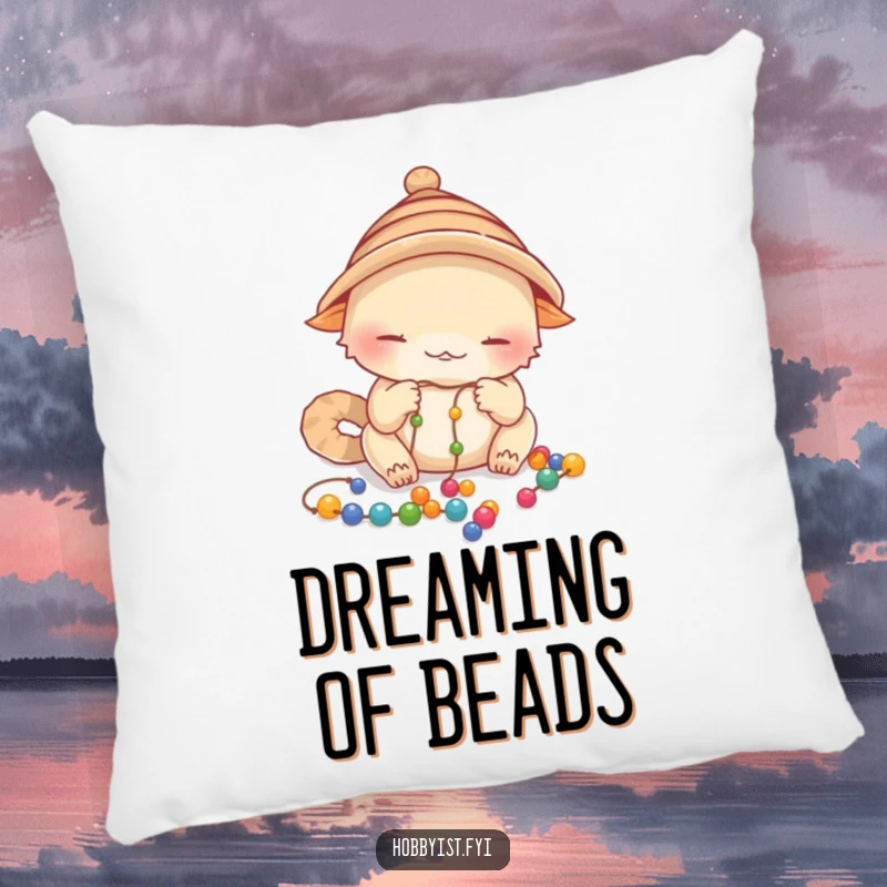Funny Focused Creature Pillow: a creature in a tiny hat meticulously stringing colorful beads onto a fine thread, a cozy funny gift.