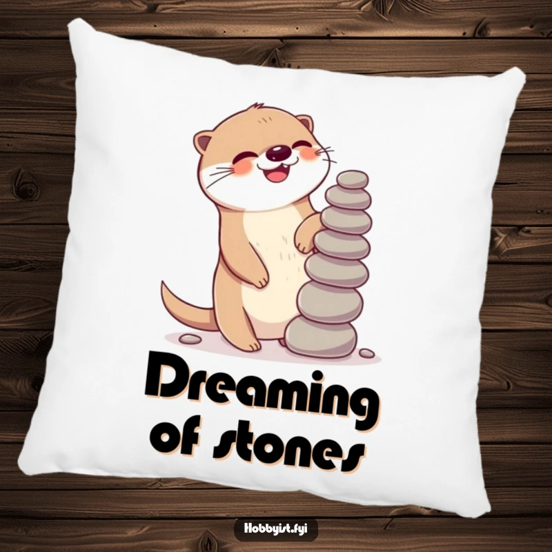 Funny Kawaii otter pillow, with a giggling otter gleefully balancing pebbles, offering playful comfort and cute decor.