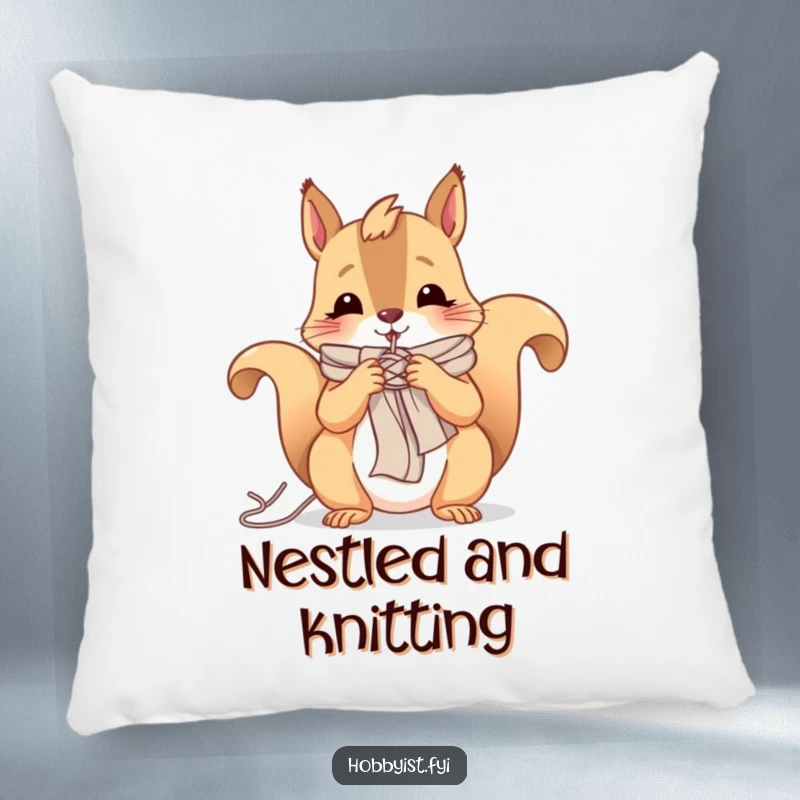 Funny pillow featuring a cheerful squirrel knitting a tiny scarf with yarn, offering cozy comfort and crafty charm.