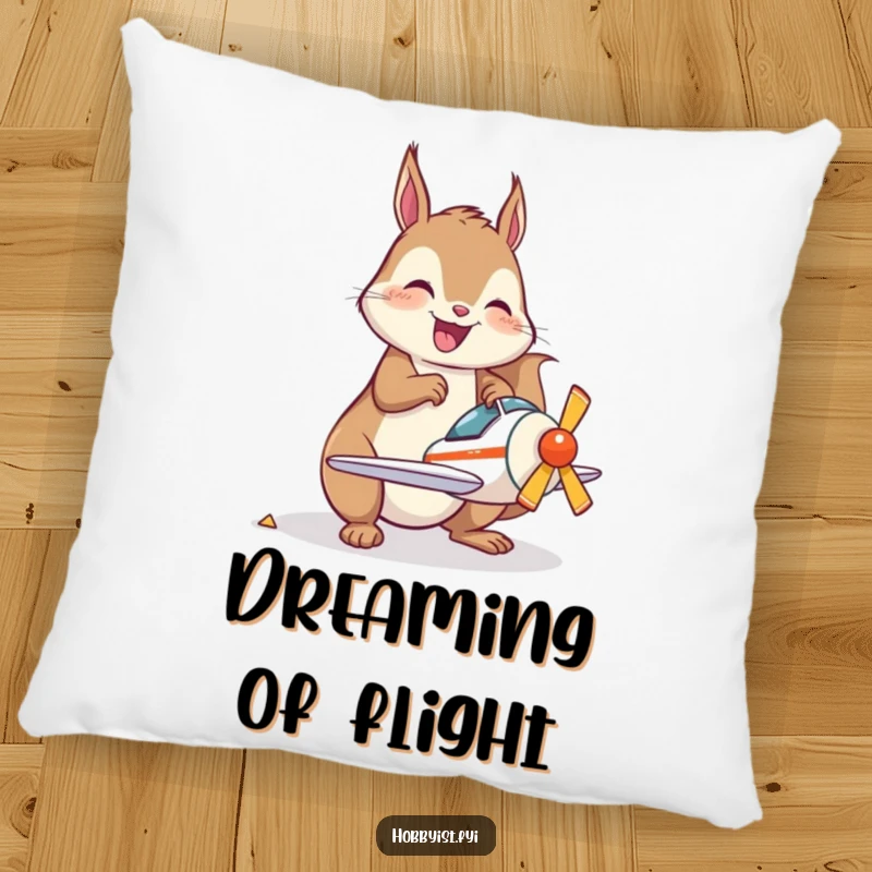 Funny Pillow featuring a joyful kawaii squirrel happily assembling a small model airplane, perfect for a cozy creative space.