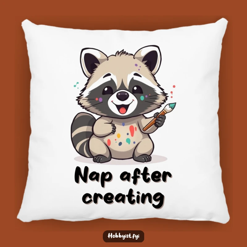 Funny Raccoon Pillow - Delighted Painter Critter, Comfy Art Lover Cushion, Whimsical Accent