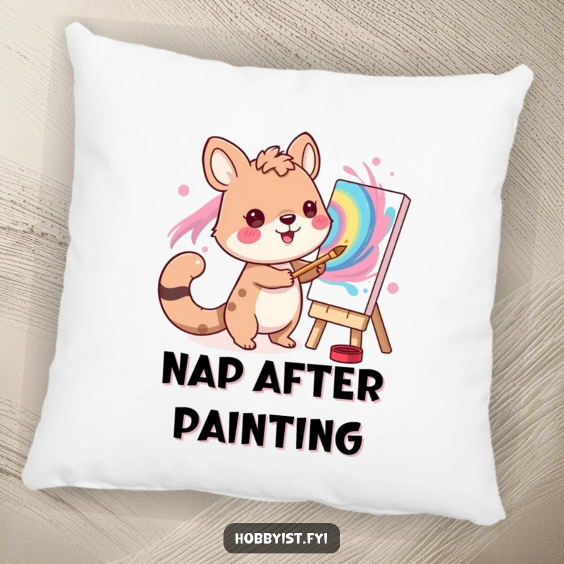 Funny Artist Animal Pillow: A happy animal artist painting a vibrant swirl, perfect for a comfy and funny decorative pillow.