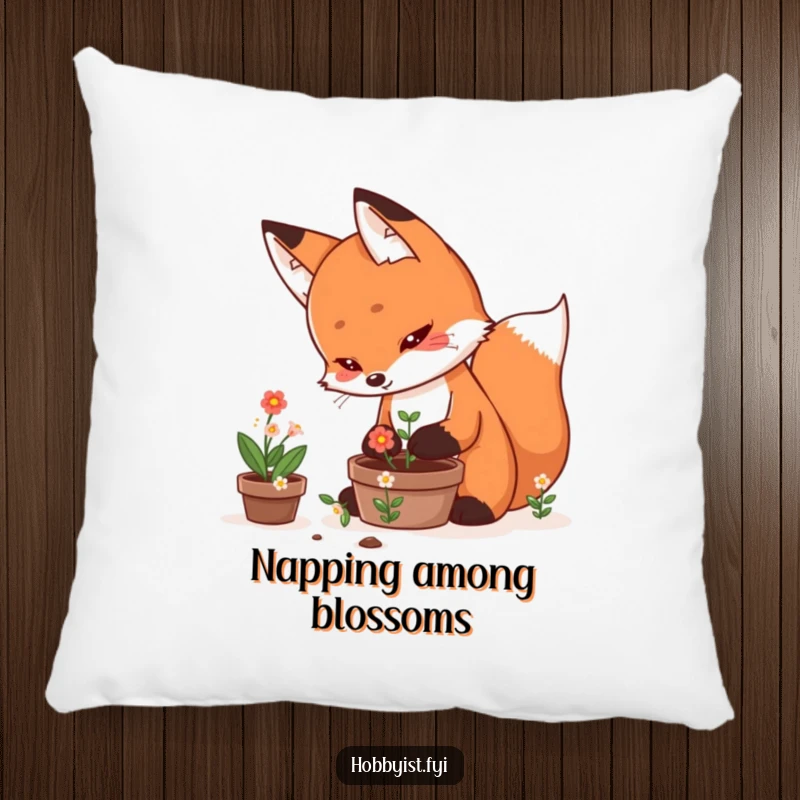 Funny Pillow featuring a determined kawaii fox meticulously tending a small pot of blooming flowers, perfect for a calming retreat.