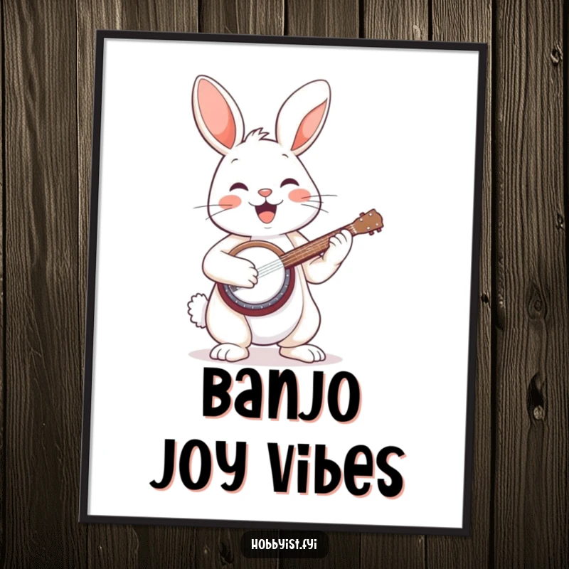 Funny digital art print of a happy bunny passionately playing a miniature banjo, radiating enthusiastic musical energy.