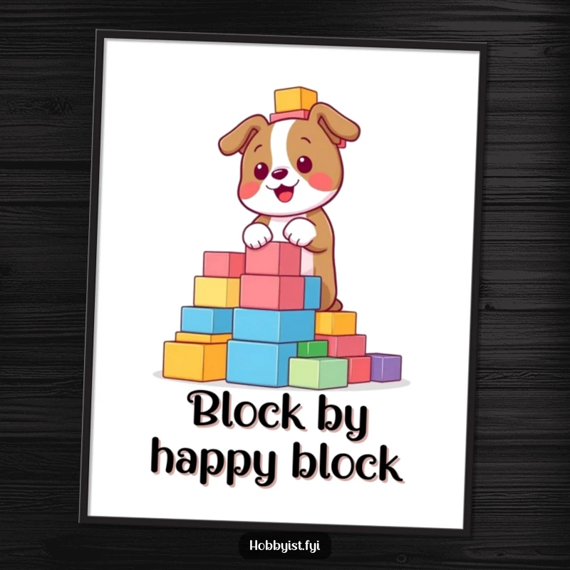 Funny, playful dog building a towering structure with colorful blocks, presented as a high-resolution digital art print for playful decor.