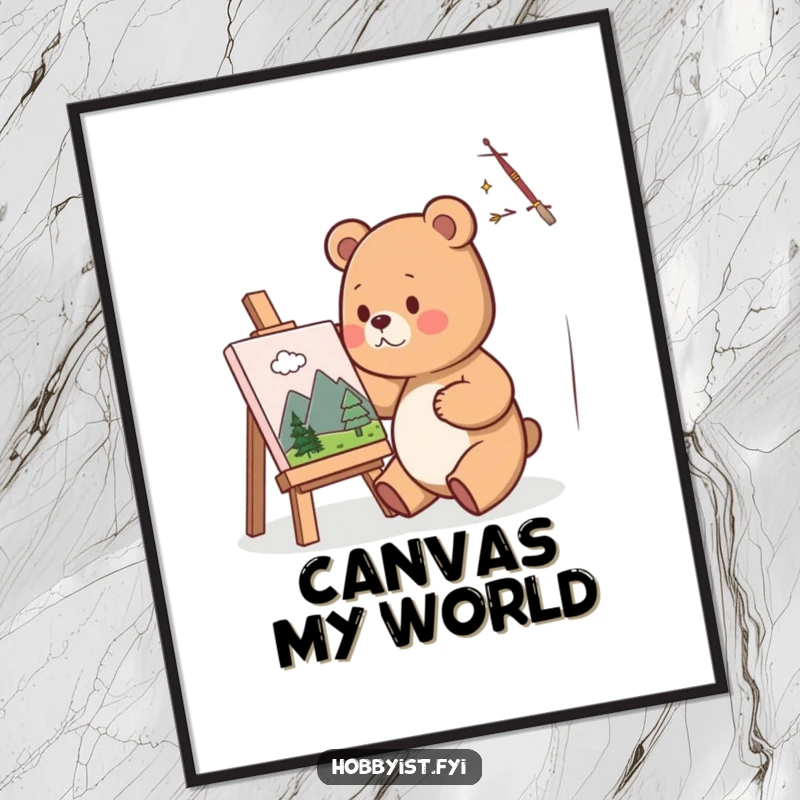 Funny Digital Art Print of a cute bear artist happily painting a miniature landscape on a small canvas, perfect for whimsical wall decor.