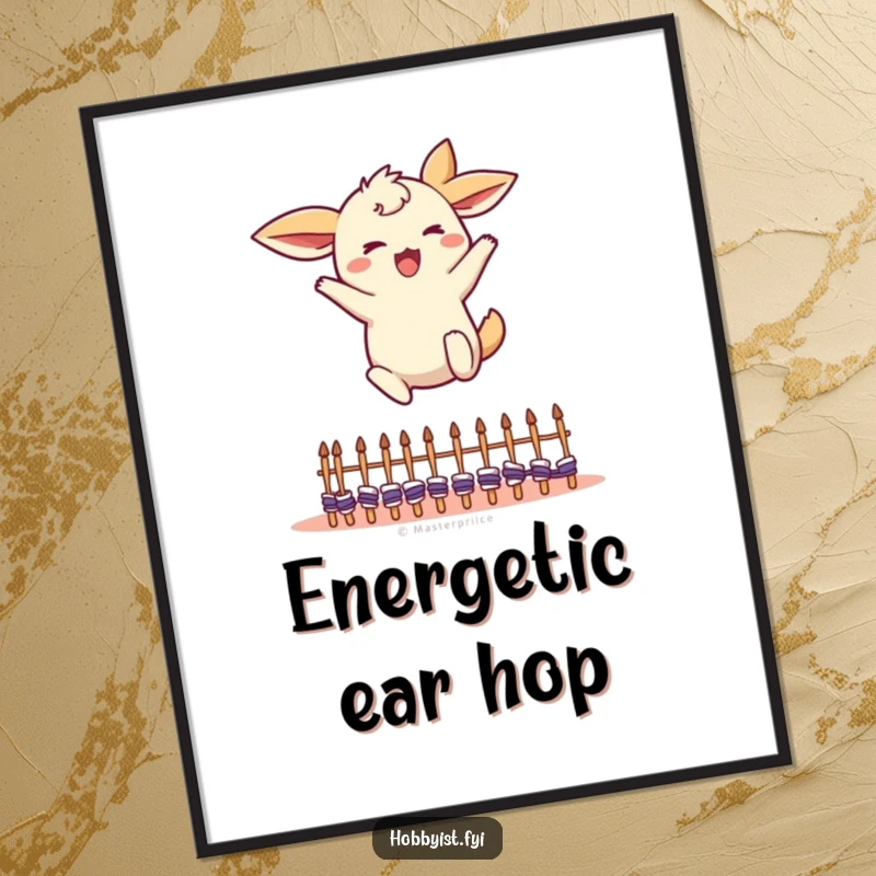 Funny Leaping Creature Digital Art: an energetic character with flapping ears jumping over miniature knitting needles, downloadable funny gift.