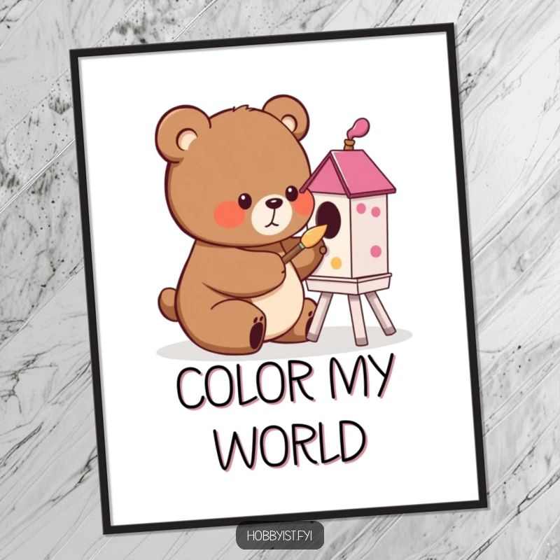 Funny cute bear happily painting a colorful birdhouse with a tiny brush, as a digital art print, bringing instant artistic humor.