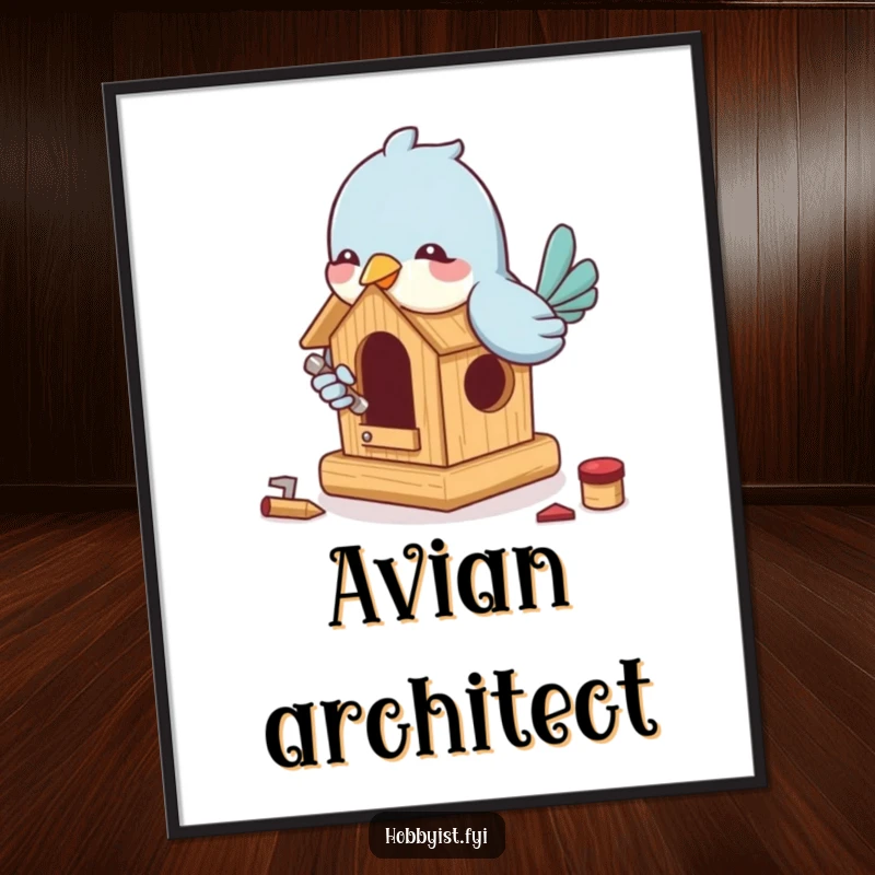 Funny Bird Building Digital Art: A playful bird enthusiastically builds a miniature birdhouse with tiny tools, offering instant humorous and crafty decor.