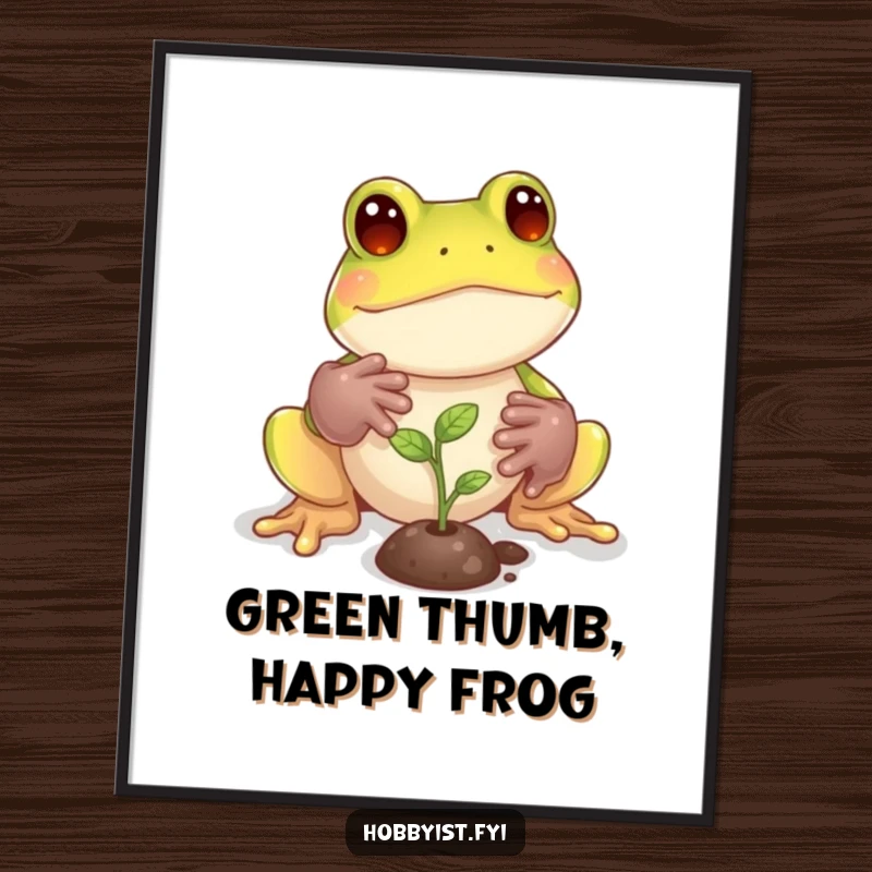 Funny Frog Digital Art Print: A playful frog with tiny gardening gloves tends to a miniature sprout, perfect for adding natural and humorous decor, a funny gift.