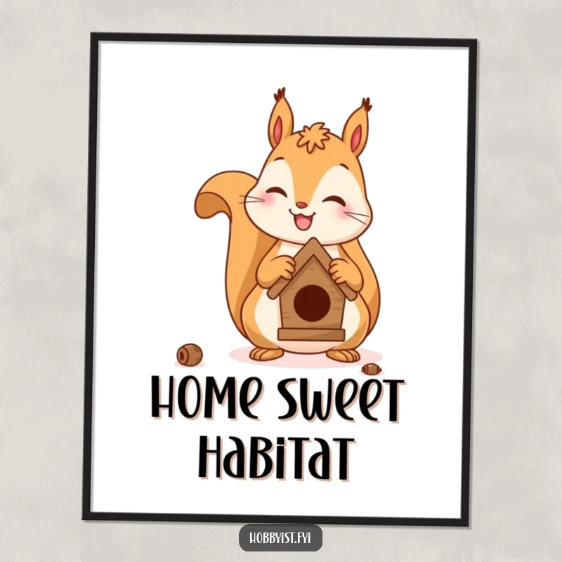 Funny digital art print of a cheerful squirrel meticulously crafting a tiny birdhouse, capturing a moment of pure creativity.