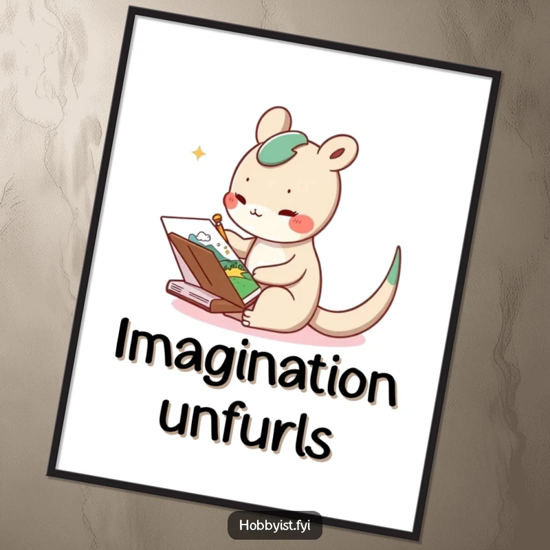 Funny digital art print of a delighted long-tailed creature happily sketching a whimsical landscape in a notebook, ready to frame