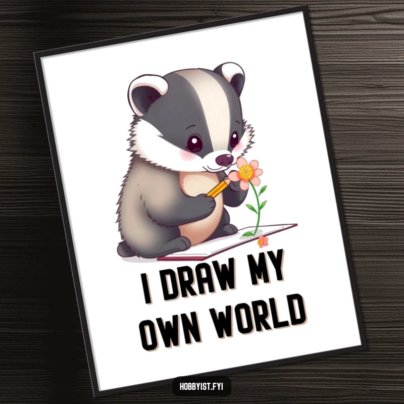 Funny Digital Art: A focused badger artist sketches a flower, capturing a moment of quiet dedication and artistic passion.