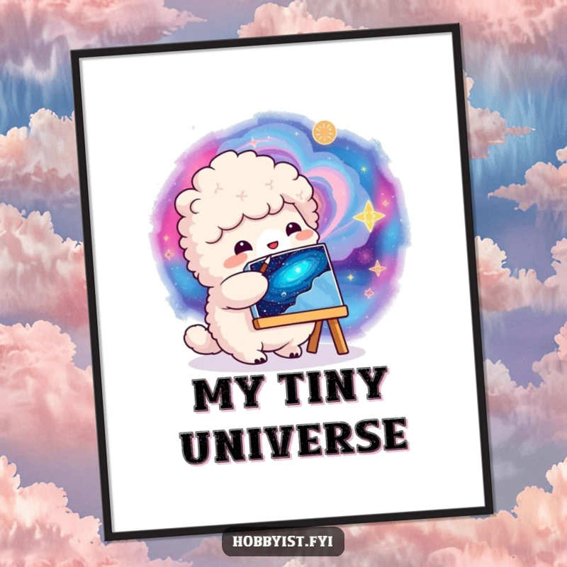 Funny fluffy creature painting a vibrant swirling galaxy on a small canvas, high-resolution digital art print for cosmic decor.