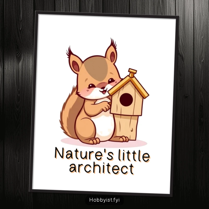 Funny digital art print of a squirrel meticulously whittling a detailed miniature wooden birdhouse, ideal for instant home decor.