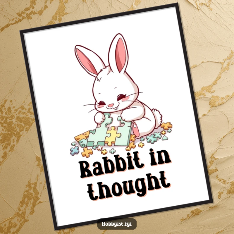 Funny Rabbit Puzzle Digital Art: A delighted rabbit meticulously assembles a complex puzzle with intense focus, offering instant humorous and brainy decor.