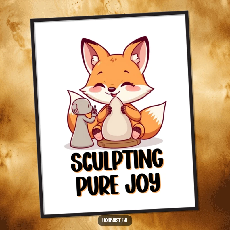 Funny digital art print of a giddy fox happily sculpting clay, offering an instant dose of artistic humor and cheer.