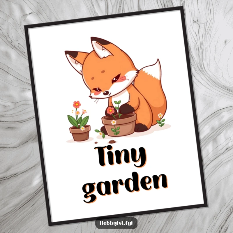 Funny Digital Art of a determined kawaii fox meticulously tending a miniature pot of blooming flowers, perfect for digital displays.