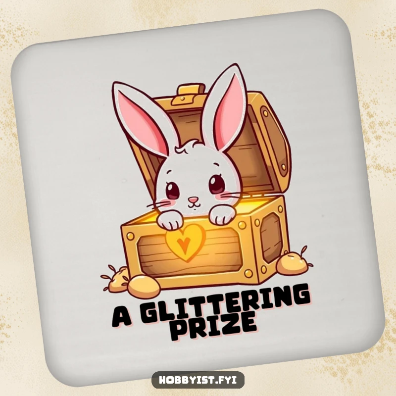 Funny Rabbit peeking into a mysterious, glowing treasure chest, a humorous design for a protective drink coaster.