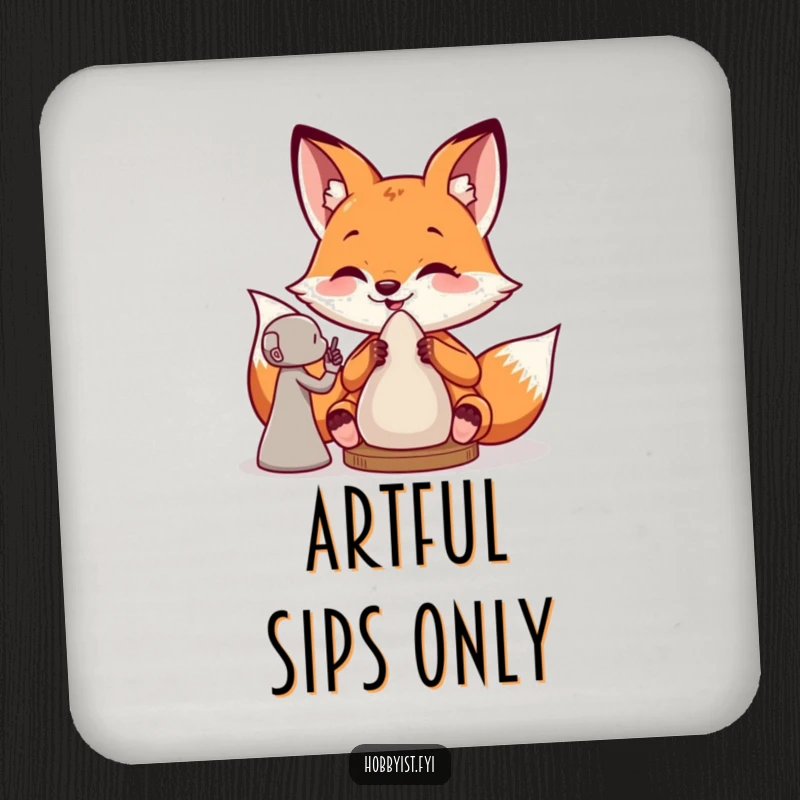 Funny drink coaster designed with a giddy fox sculptor, ideal for protecting surfaces with a humorous artistic flair.