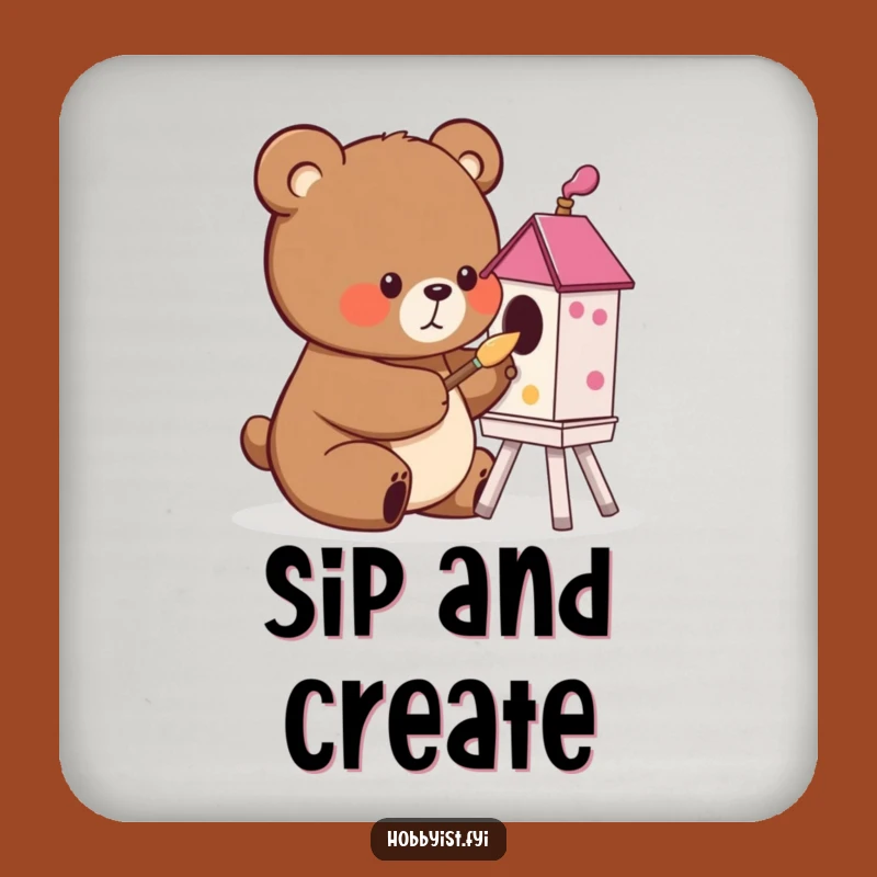 Bear Birdhouse Painting Drink Coaster: Protect Surfaces with Artistic Humor!