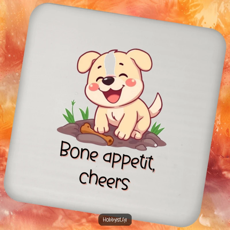 Funny drink coaster featuring a happy dog energetically digging a hole, with a bone nearby, perfect for protecting surfaces.
