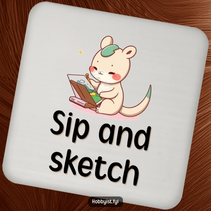 Funny drink coaster with a delighted long-tailed creature sketching a whimsical landscape, protecting furniture with charm