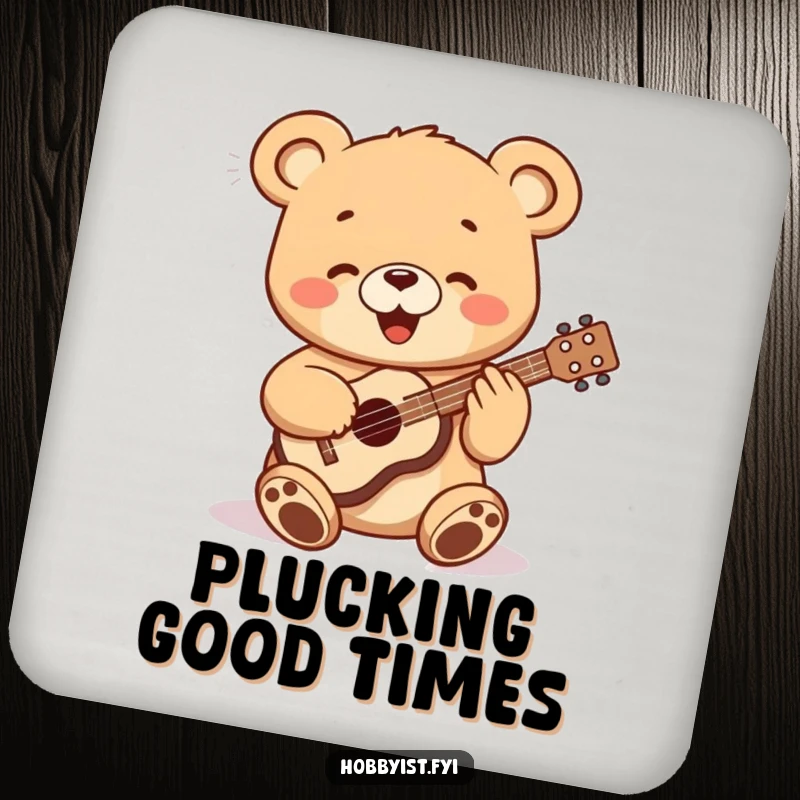 Funny bear cub playing a miniature ukulele, printed on a set of protective drink coasters, a charming accent piece.