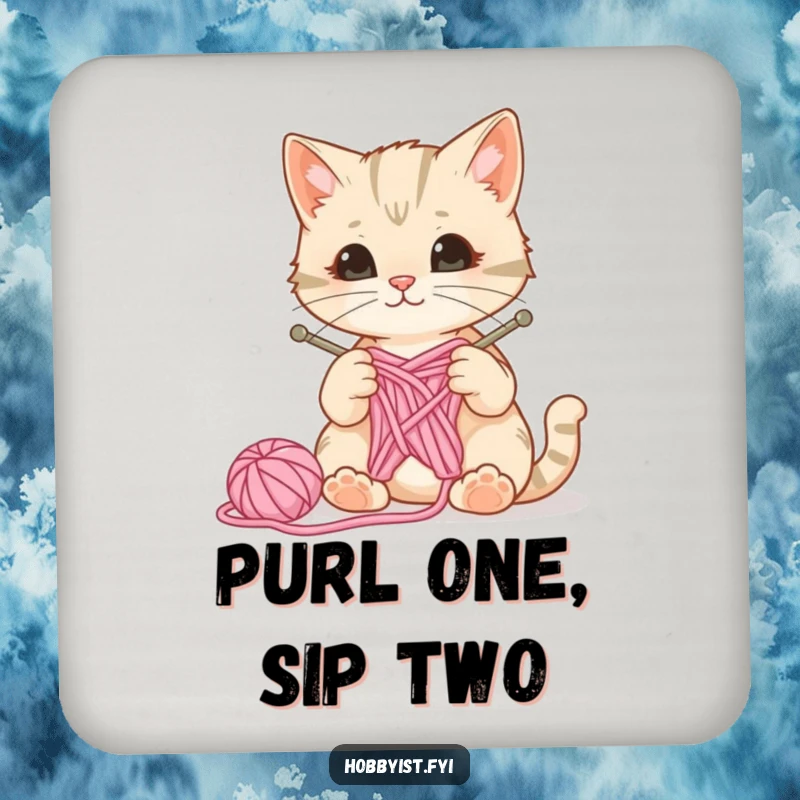 Funny drink coaster featuring a curious cat playing with knitting needles and yarn, a ball of wool bouncing, perfect for protecting tables.